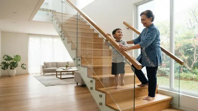 Railing Kaca Tempered dengan Handrail Kokoh (AI Generated)