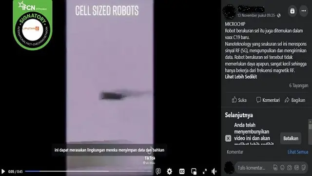 Gambar Tangkapan Layar Kabar tentang Vaksin COVID-19 Mengandung Microchip dan Robot Berukuran Sel (sumber: Facebook).