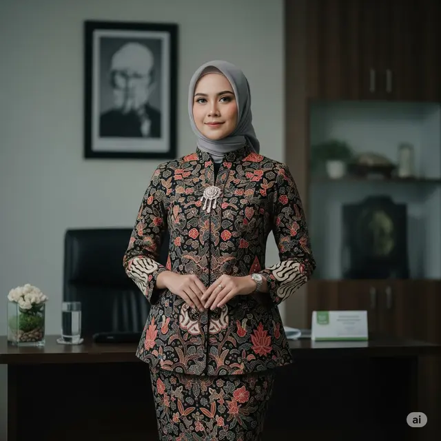Model Baju Batik Kantor Wanita Berjilbab Modern. Foto: Gemini