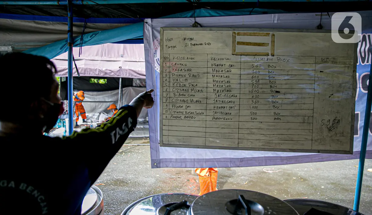 Petugas Taruna Siaga Bencana (Tagana) menunjukkan sebaran distribusi makanan di Dapur Umum Kementerian Sosial di GOR Otista, Jakarta, Minggu (21/2/2021). Dalam sehari, petugas menyiapkan hingga 6.000 paket nasi kotak yang didistribusikan ke 11 kelurahan terdampak banjir. (Liputan6.com/Faizal Fanani)