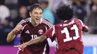 Timnas Qatar menang 3-2 atas Uzbekistan dalam matchday kelima Grup A Kualifikasi Piala Dunia 2026 di Stadion Jassim Bin Hamad, Jumat (15/11/2024) dini hari WIB. (AFP/Karim Jaafar)