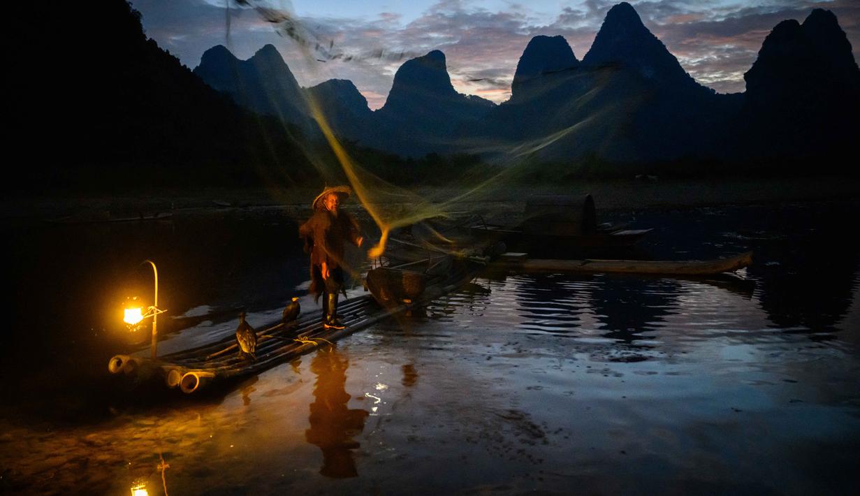 Foto yang diambil pada 25 Oktober 2025 ini menunjukkan seorang nelayan sedang memamerkan teknik tradisional memancing dengan burung kormoran kepada wisatawan di luar Yangshuo, Provinsi Guangxi, Tiongkok. (Mladen ANTONOV/AFP)