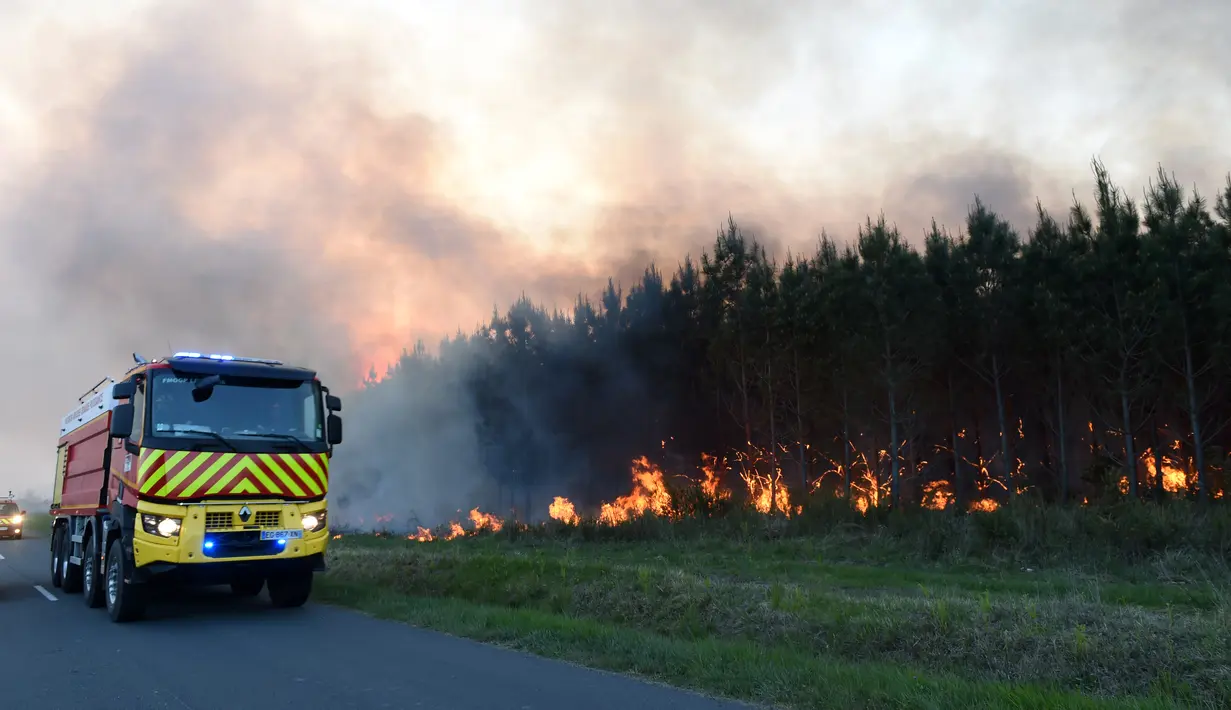 Kebakaran hutan terjadi di Cissac-Medoc, Prancis, Kamis (21/4). Penyebab kebakaran masih dalam tahap penyelidikan. (PHOTO PHOTO / MEHDI FEDOUACH)