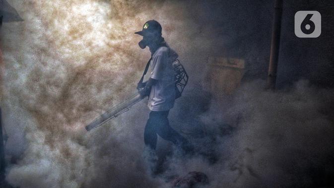 Petugas melakukan pengasapan atau fogging untuk membasmi nyamuk demam berdarah dengue (DBD) di kawasan Kebayoran Lama, Jakarta Selatan, Kamis (14/11/2019). Fogging dilakukan untuk mengantisipasi perkembangbiakan nyamuk DBD. (Liputan6.com/JohanTallo)