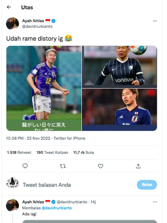 David Nurbianto Kebanjiran Ucapan Selamat Karena Mirip Pesepakbola Jepang, Takuma Asano.