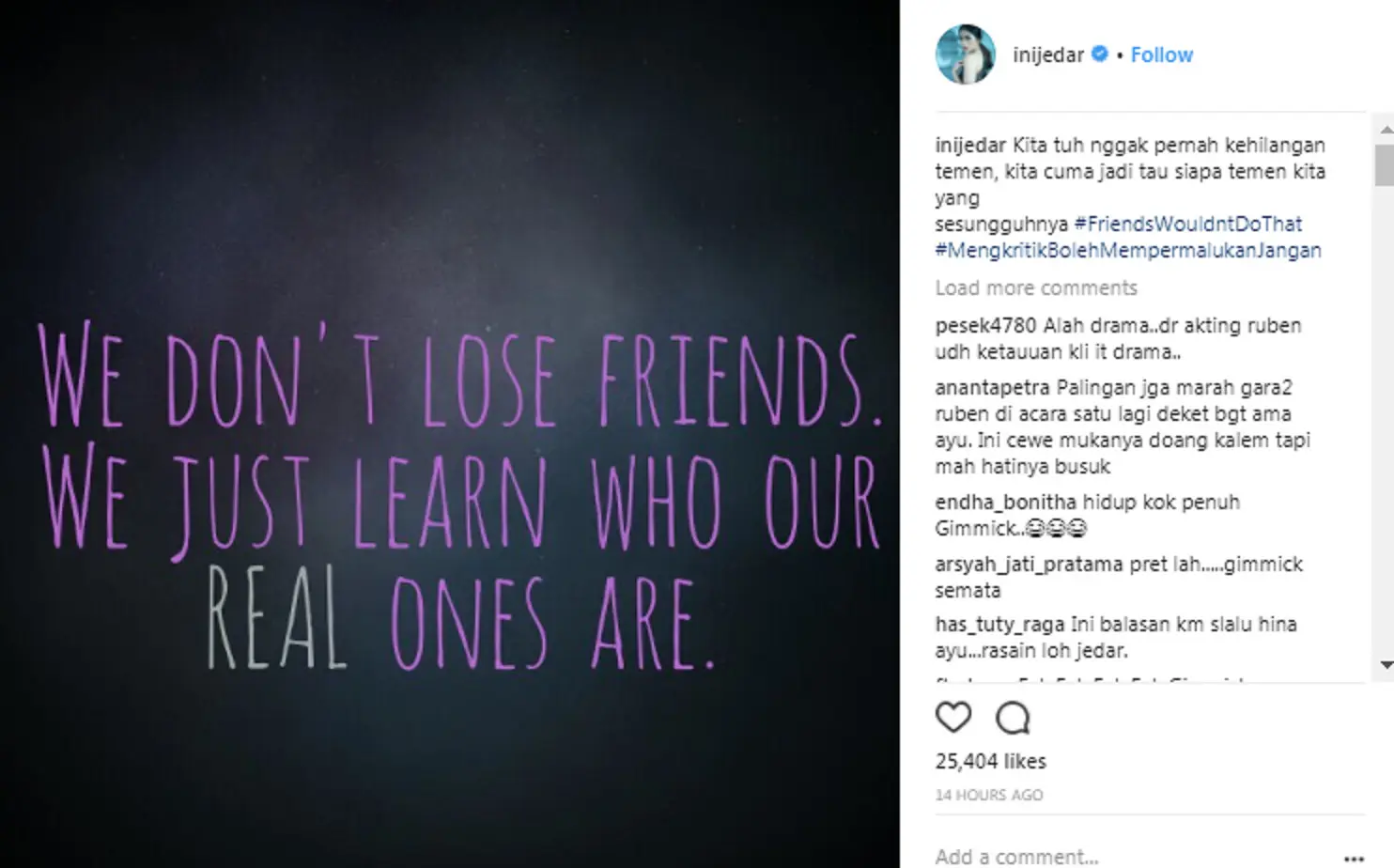 Postingan Jessica Iskandar yang disebut tengah menyindir Ruben Onsu. (Instagram/inijedar)