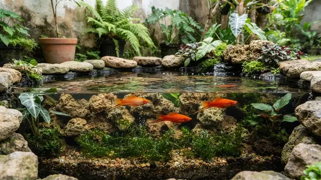 Kombinasi Batu Tanaman dan Ikan Untuk Mini Pond