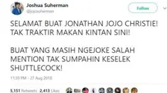 Banyak warganet yang mengucapkan selamat ke Jonatan Christie atas keberhasilannya di Asian Games 2018. Namun banyak yang salah alamat ke akun Joshua Suherman hingga membuatnya kesal.