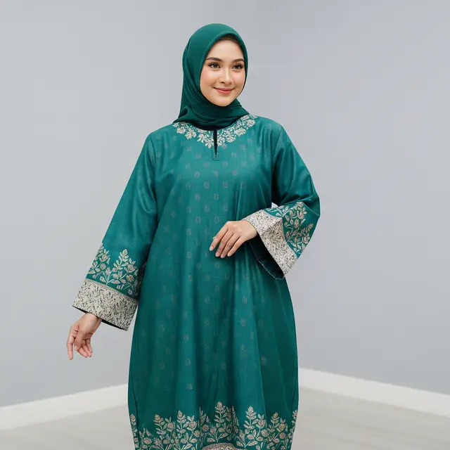 Gamis Teal Green yang Cocok untuk Lebaran 2026 Model Katun Jepang dengan Bordir Kontras