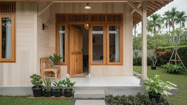 Rumah Desa dengan Kombinasi Kayu Tua dan Lantai Teraso/Gemini AI