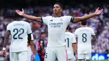 Pemain Real Madrid Jude Bellingham berselebrasi dalam laga La Liga Spanyol antara Real Madrid vs Malaga di Madrid, Spanyol, Minggu, 30 Agustus 2026. (AP Photo/Manu Fernandez)
