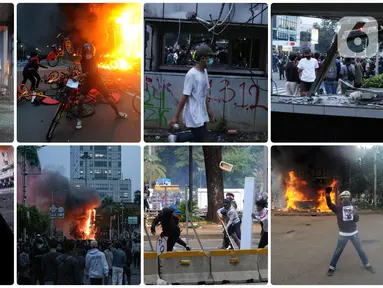 Foto kombinasi memperlihatkan aksi anarkis massa saat demonstrasi menolak UU Cipta Kerja di sejumlah wilayah Jakarta. (merdeka.com/Arie Basuki, Liputan6.com/Helmi Fithriansyah, Liputan6.com/Faizal Fanani)