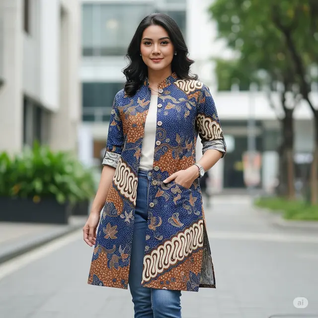 Tunik Batik dengan Aksen Kancing Depan