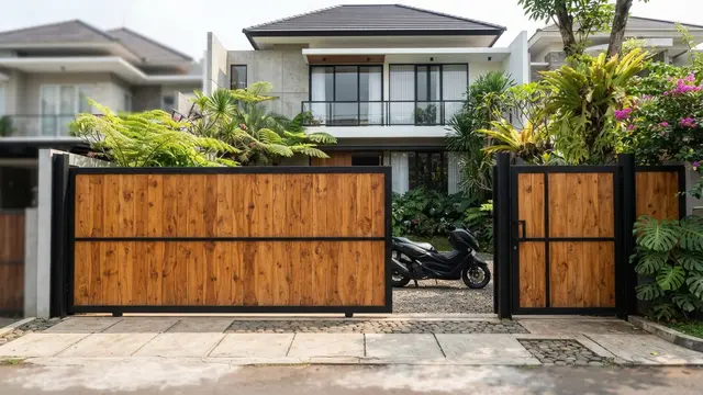Model Pagar dengan Gerbang Kayu yang Terlihat Natural