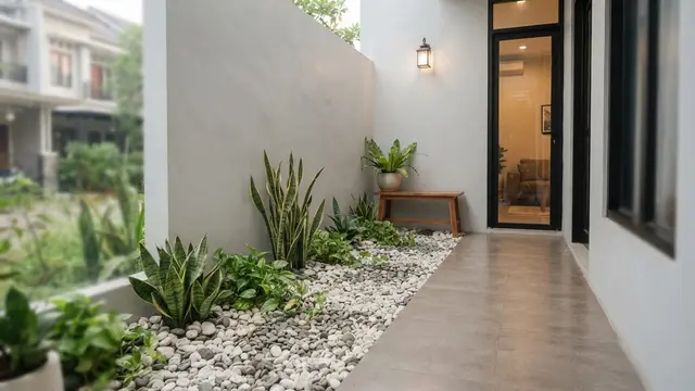 Teras Rumah 1,5 Meter dengan Taman Kering di Sepanjang Dinding