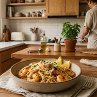 Spaghetti Aglio Olio Udang dan Parmesan (AI Generated)