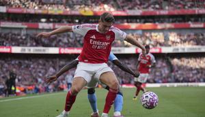 Aksi penyerang Arsenal Viktor Gyokeres di laga lawan Manchester City di pekan kelima Liga Inggris 2025/2026 di Emirates Stadium, Minggu (21/09/2025) malam WIB.