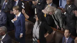 Rashida Tlaib menghadiri pidato Perdana Menteri Israel Benjamin Netanyahu dan melakukan protes dari tempat duduknya. (AP Photo/J. Scott Applewhite)