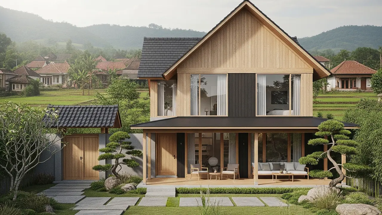 Model Rumah Japandi di Desa dengan Halaman Luas