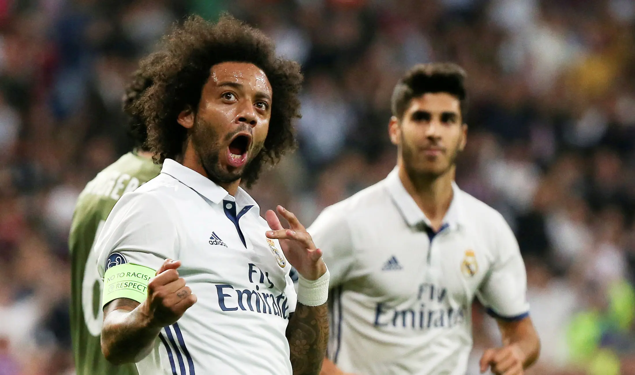 Ekspresi pemain Real Madrid, Marcelo usai timnya menang atas Legia Warszawa pada laga grup F Liga Champions di Santiago Bernabeu stadium, Madrid, Rabu (19/10/2016) dini hari WIB. (REUTERS/Sergio Perez)