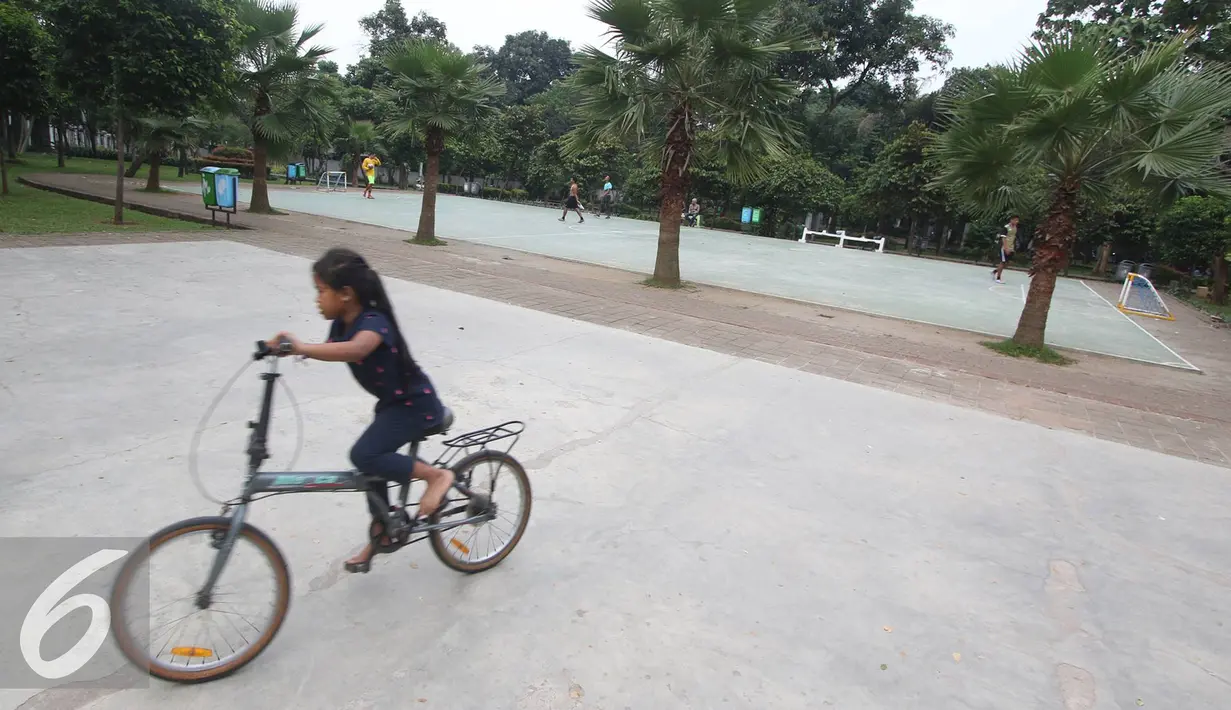 Seorang bocah bermain sepeda di Taman Tanjung, Jakarta, Senin (7/11). Dinas Pertamanan dan Pemakaman DKI Jakarta mengatakan bahwa Ruang Terbuka Hijau (RTH) di Provinsi DKI Jakarta hingga saat ini baru mencapai 14,94%. (Liputan6.com/Immanuel Antonius)
