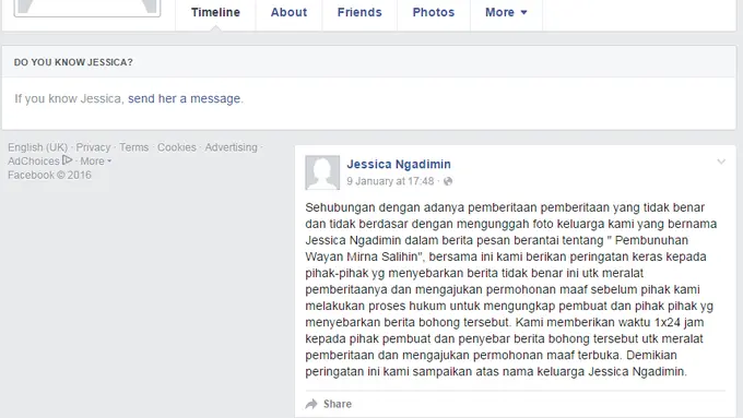 Pembunuhan Wayan Mirna, Jessica Ngadimin Akhirnya Buka Suara