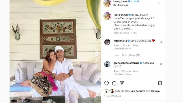 Laura Theux dan Indra Brotolaras akan segera menikah (Foto: Instagram laura_theux)