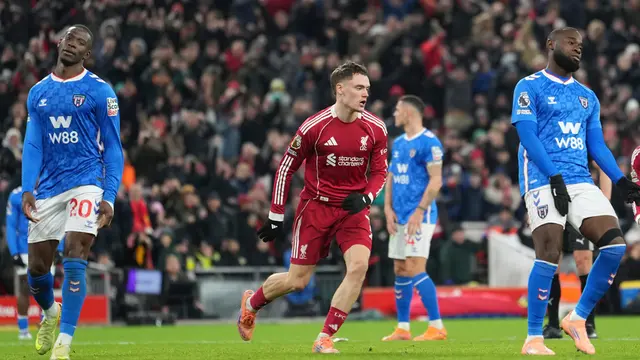 Selebrasi gelandang Liverpooll Florian Wirtz usai menjebol gawang Sunderland di pekan ke-14 Premier League 2025/2026 di Anfield, Kamis (04/12/2025). (AP Photo/Jon Super)