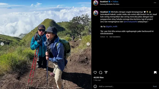 Unggahan Tissa Biani di Gunung Merbabu. (Foto: @gafar_malik via Instagram/ tissabiani)