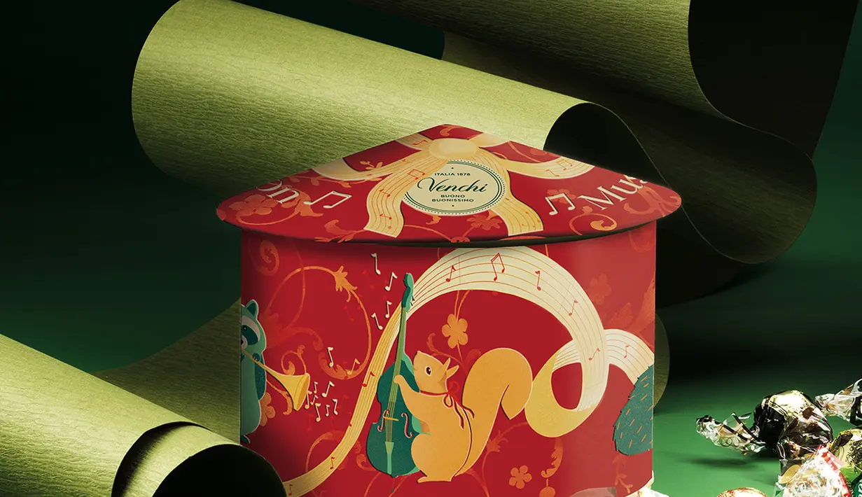Ada juga Deluxe Holiday Calender, advent calender yang lebih kecil. Kali ini, nuansanya lebih meriah dengan ilustrasi pohon Natal dalam bentuk buku yang terdiri dari 31 cokelat Venchi di dalam kotak-kotak kecil, memungkinkan kamu menikmatinya setiap hari. Foto: Document/Venchi.