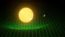 Gambar menunjukan bumi dan matahari beserta waktu yang diwakili oleh garis hijau, Washington, (11/2). Para ilmuwan baru - baru ini menemukan adanya gelombang gravitasi yang sebelumnya telah di ungkap oleh Albert Einstein. (REUTERS / Caltech)