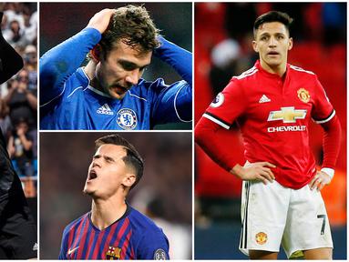 Berikut ini tujuh pemain top dunia yang akhirnya terpuruk saat pindah klub. Diantaranya ada Thibaut Courtois, Philippe Coutinho hingga Andriy Shevchenko. (Foto Kolase AP, EPA dan AFP)