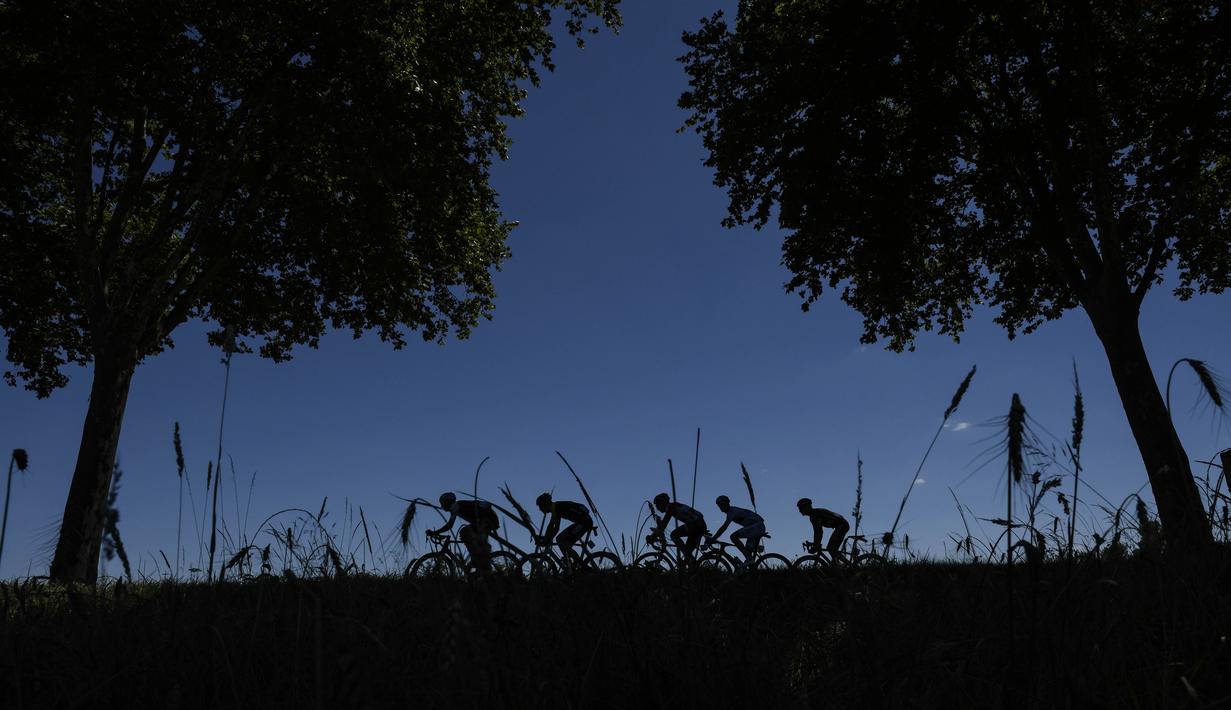 Sliuet aksi pebalap Tour de France melintasi pepohonan rindang pada etape ke-14 dengan jarak tempuh 181,5 km antara Blagnac and Rodez, (15/7/2017). (AFP/Jeff Pachoud)