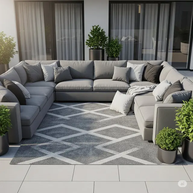 Teras dengan Sofa Lipat dan Karpet Bulat