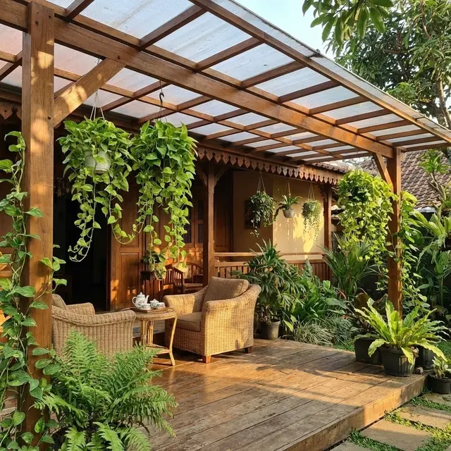 Desain Teras Rumah Teduh dengan Tanaman Gantung