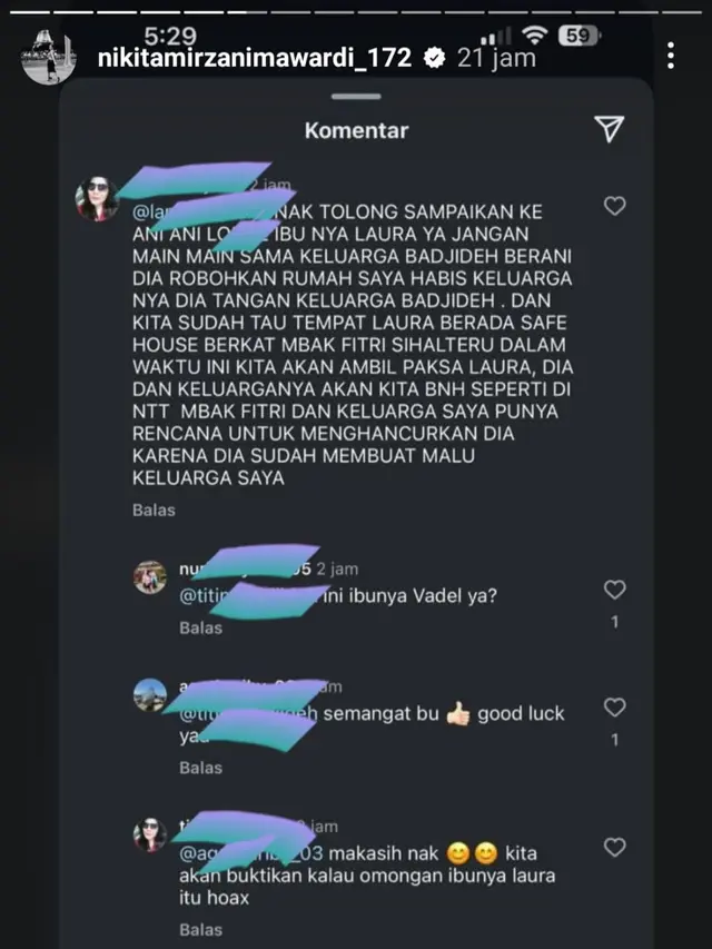 Tangkapan layar berisi ancaman untuk keluarga Nikita Mirzani. (Foto: Dok. Instagram @nikitamirzanimawardi_172)