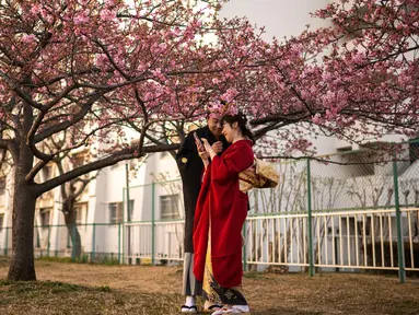 Sepasang kekasih berdiri di bawah pohon sakura di sebuah taman di distrik Edogawa, Tokyo, Jepang pada Kamis 23 Februari 2023. Tak lama lagi, musim semi tiba di Jepang, dan saatnya untuk melihat bunga sakura bermekaran. Tokyo akan menjadi salah satu kota pertama yang melihat bunga sakura yang diperkirakan akan mekar sekitar 18 Maret dan puncaknya pada 27 Maret. (Philip FONG/AFP)