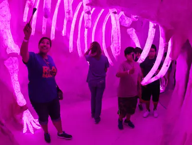 Pengunjung menikmati objek wisata Meow Wolf di sebuah tempat bekas arena bowling tua di Santa Fe, New Mexico (31/7). Objek wisata dan pameran instalasi ini terinspirasi dari film serial  Dr Who TARDIS. (AFP Photo/Mark Ralston)