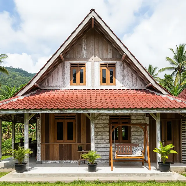 Desain Rumah Gaya Rustic dengan Material Kayu Alami. Gemini