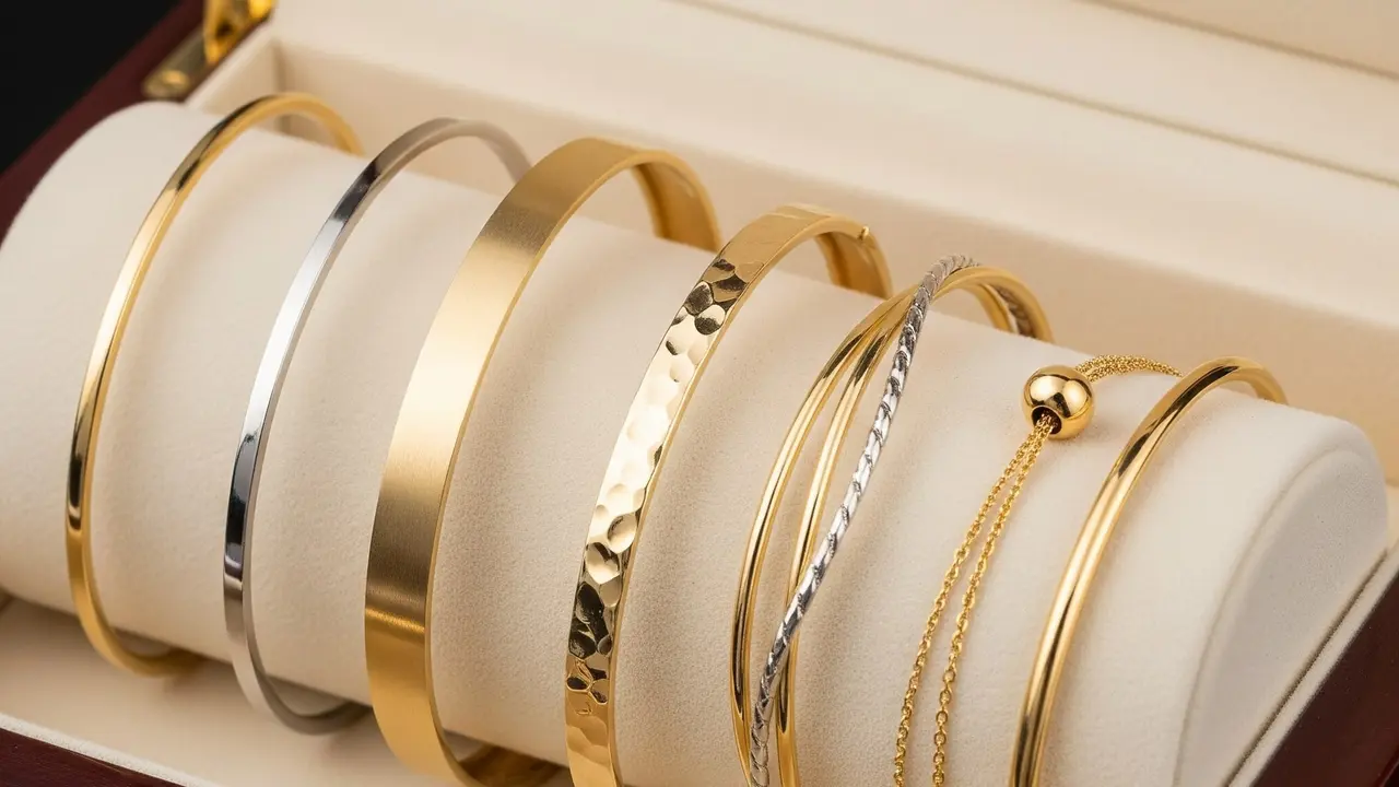 Kotak perhiasan yang berisi kumpulan koleksi gelang emas.