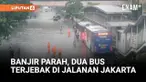 Dua armada bus TransJakarta koridor 12 dan koridor 5 terjebak banjir di Jalan Mangga Dua Raya, Sawah Besar, Jakarta Pusat, Senin siang. Kedua bus hanya bisa tertahan dan parkir di halte busway karena tidak dapat melintasi genangan air yang menutup ak...