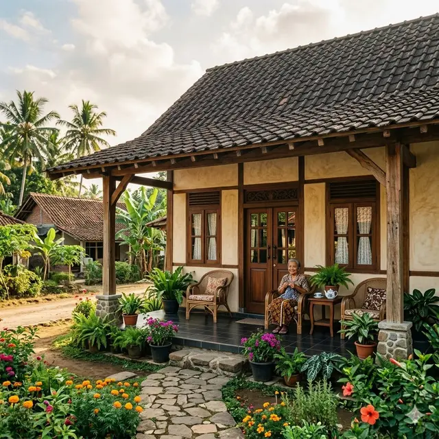Desain Fasad Rumah Desa dengan Atap Miring