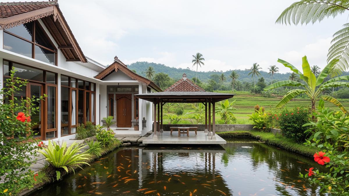 10 Rumah Desa Kombinasi Modern Jawa dengan Pendopo Minimalis dan Kolam Ikan