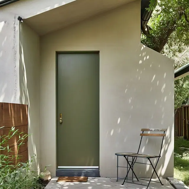Teras Minimalis dengan Elemen Kayu dan Tanaman Hijau. Model teras rumah minimalis pintu samping masa kini