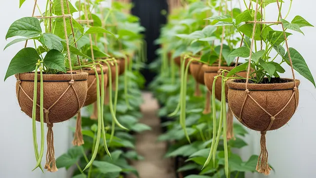 Ide Kebun Sayur di Pot Gantung Sabut Kelapa Alami (AI)