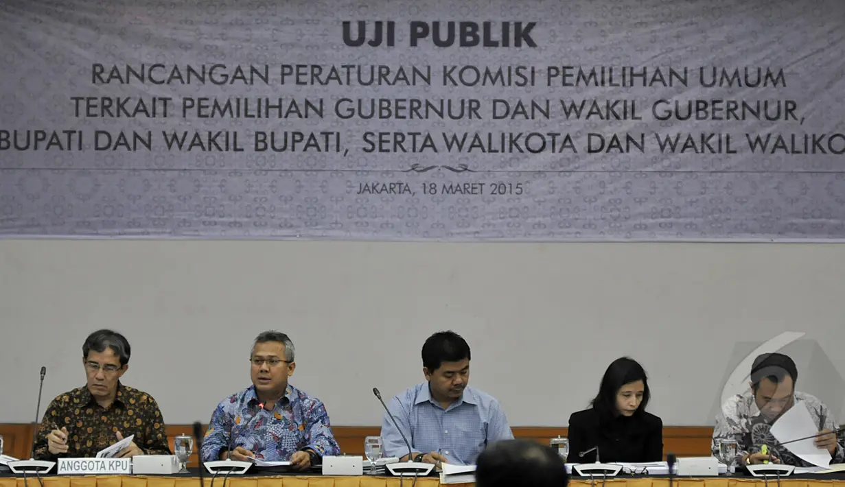 Komisi Pemilihan Umum (KPU) menggelar uji publik tentang peraturan KPU di gedung KPU, Jakarta, Rabu, (18/3/2015). (Liputan6.com/Johan Tallo)