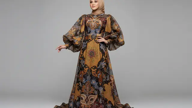 Gamis Batik Organza Full Motif dengan Lengan Balon Oversize