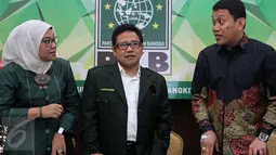 Ketua Steering Comittee Mukernas PKB Ida Fauziah, Ketua Umum DPP Partai Kebangkitan Bangsa (PKB) Muhaimin Iskandar, Sekjen PKB Abdul Kadir Karding (ki-ka) usai menyampaikan persiapan mukernas PKB, Jakarta, (2/2). (Liputan6.com/JohanTallo)