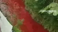 Sungai Cimeta, Kabupaten Bandung Barat (KBB), diduga tercemar limbah bahan berbahaya dan beracun (B3). Warna air anak Sungai Citarum itu pun berubah menjadi merah. (Liputan6.com/Dikdik Ripaldi/tangkapan layar infocimahi)