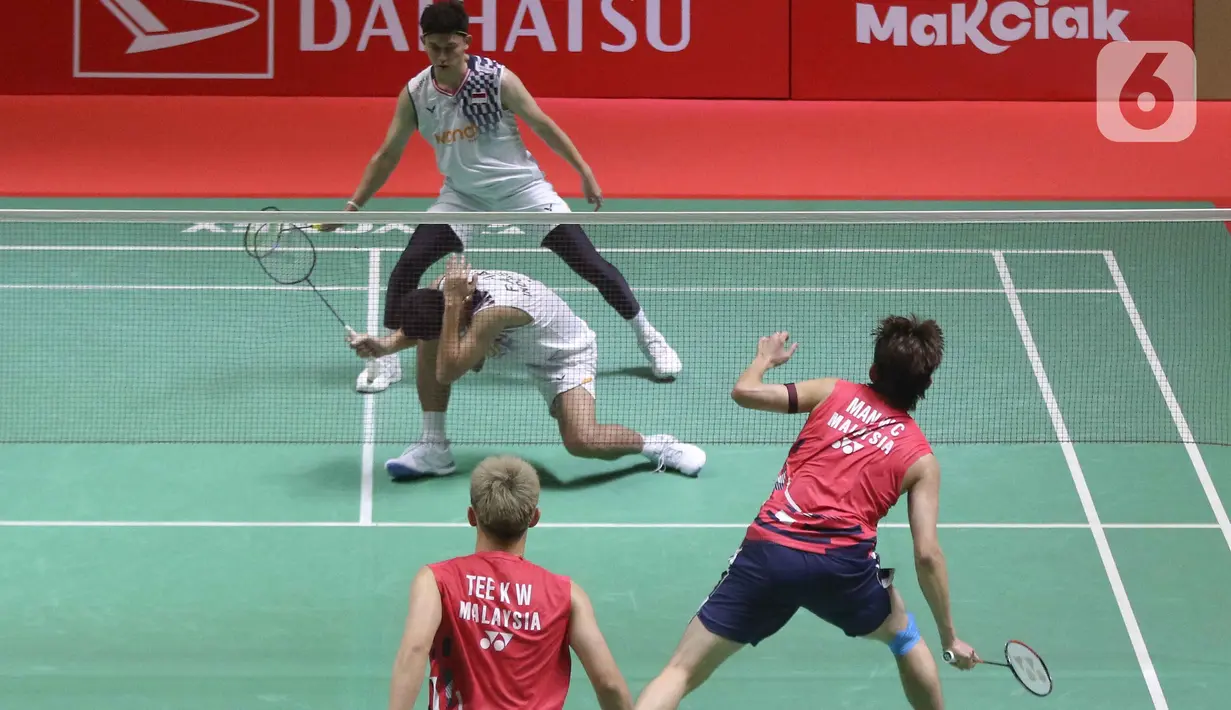 Pertandingan final Daihatsu Indonesia Masters 2025 yang mempertemukan Fajar Alfian/Muhammad Rian Ardianto melawan Man Wei Chong/Kai Wun Tee hanya berlangsung 38 menit. (Liputan6.com/Herman Zakharia)